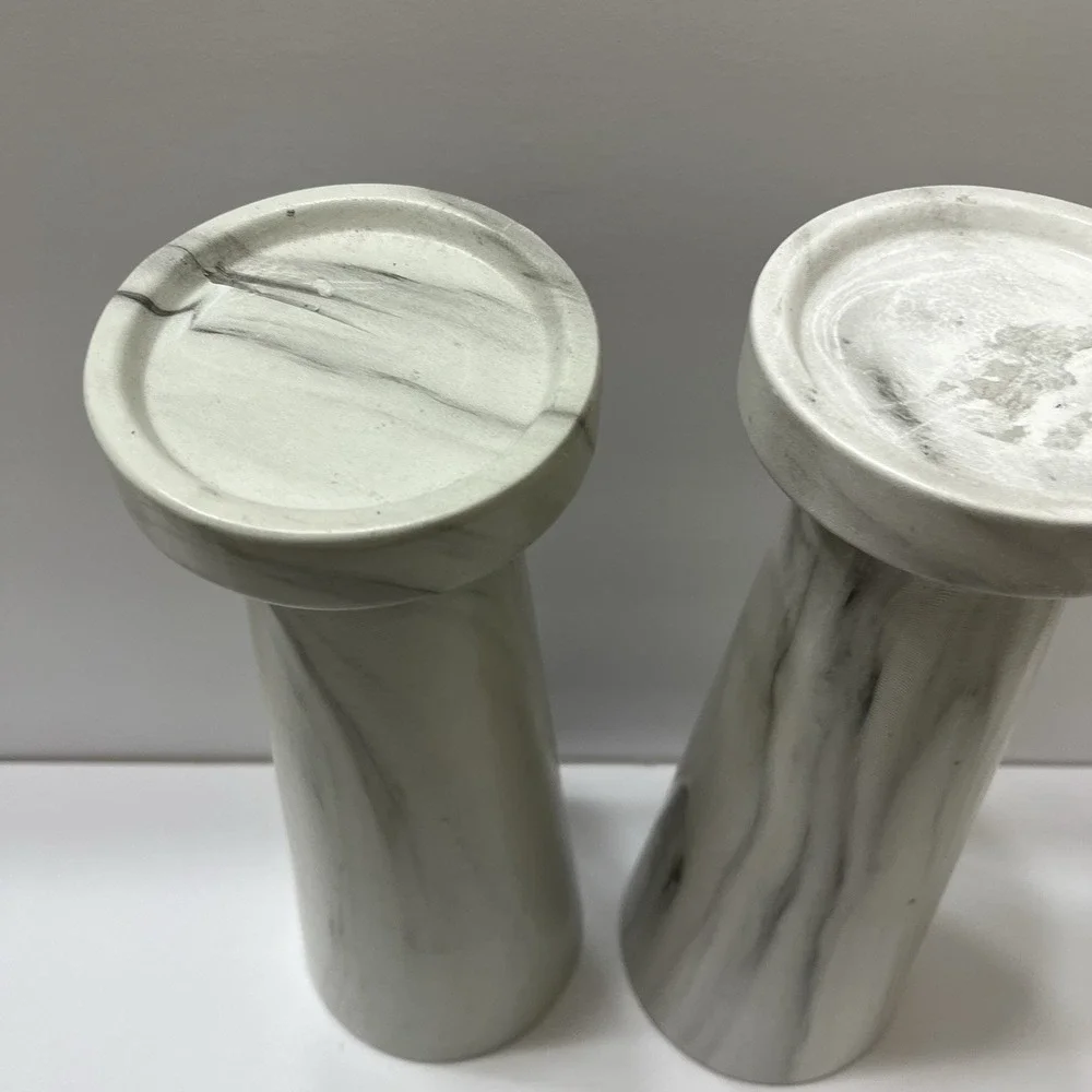 Ceramic Pillar Candle Holders Marble Look Gray White Swirl 12
